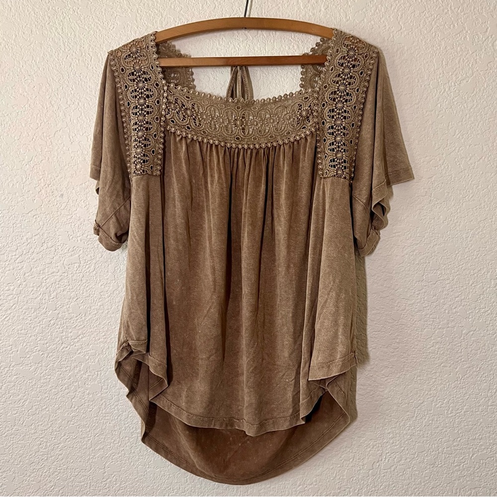 Anama Blouse Tan Brown Boho Embroider Lace Size Medium